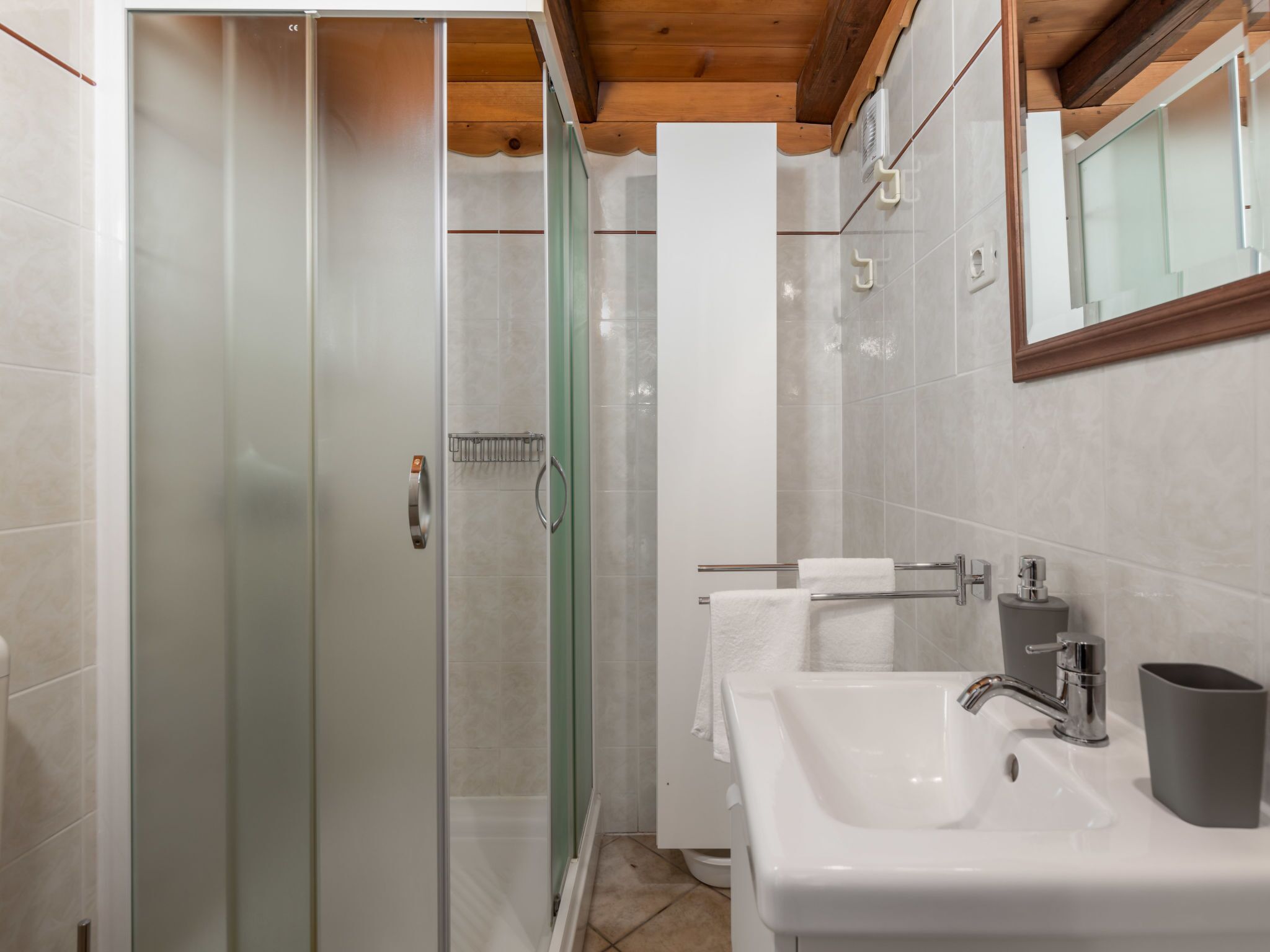 Ein modernes Badezimmer mit Duschkabine aus Glas, einem weißen Waschbecken und einem Spiegel darüber.