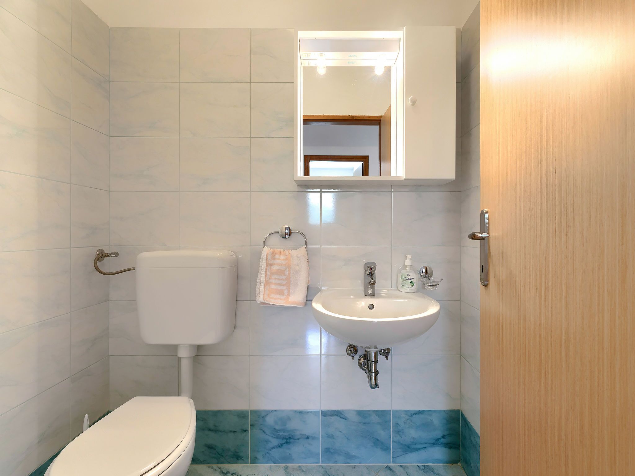 Une salle de bain avec des toilettes, un lavabo et un miroir.
