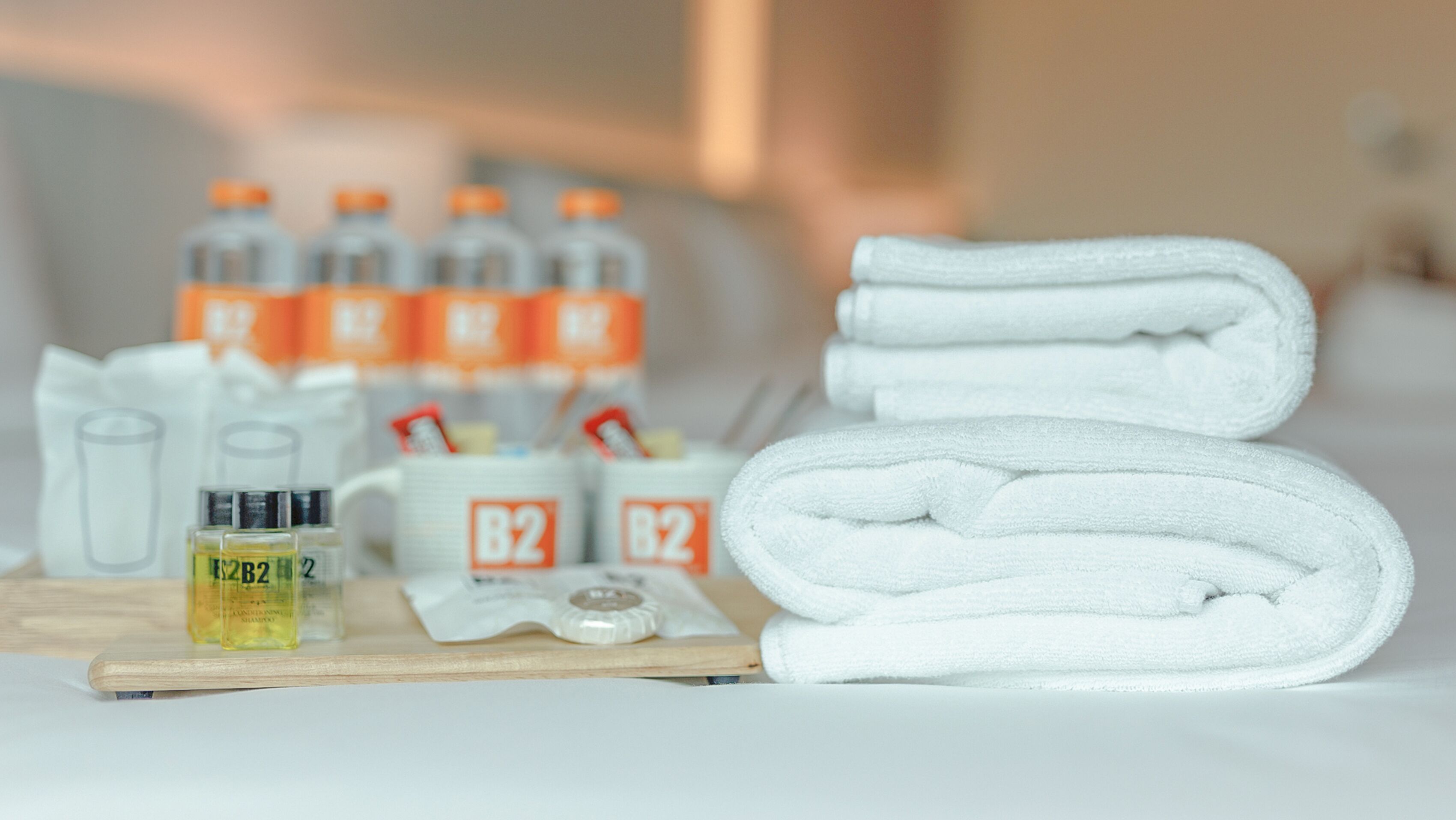 A neatly arranged bathroom with a stack of white towels, a bottle of shampoo, and several bottles of B2 shampoo.