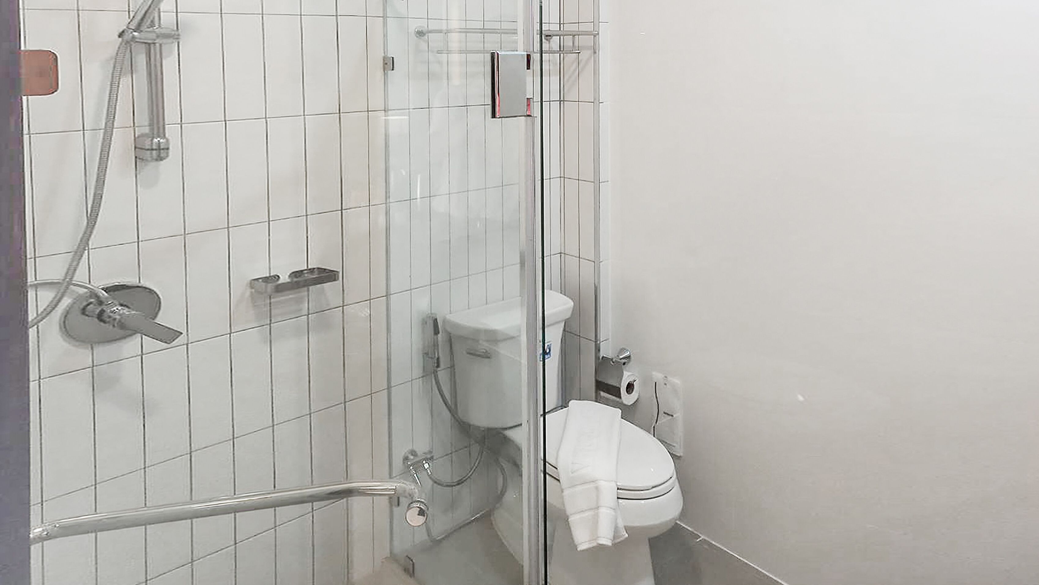 Un baño con cabina de ducha de vidrio, inodoro y barandilla.