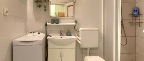 A bathroom with a toilet, sink, and shower.