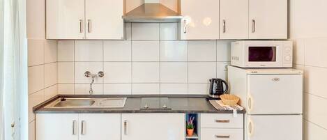 Fridge, microwave, oven, cookware/dishes/utensils