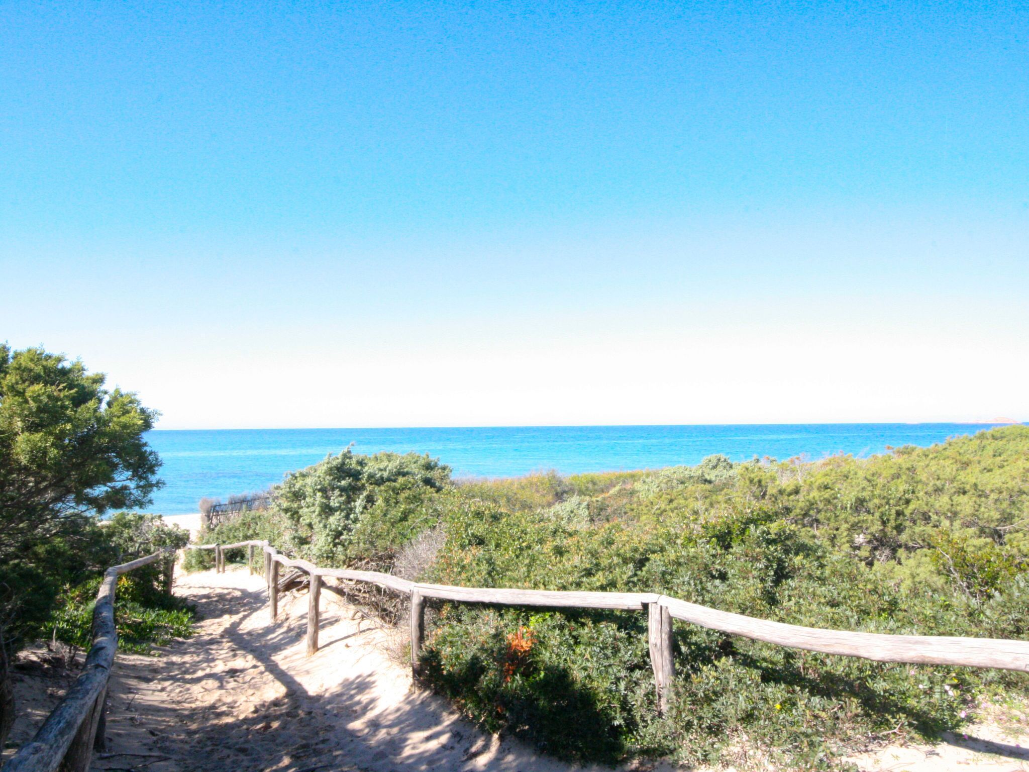 Un sentier en bois mène à une plage d’où l’on a une vue dégagée sur l’océan.