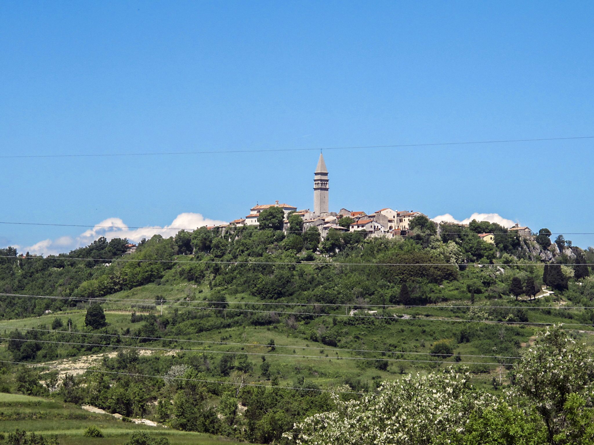 A hilltop town with a prominent tower, surrounded by greenery and residential buildings.