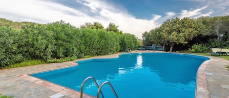 A rectangular swimming pool with a stone border, surrounded by lush greenery and trees.