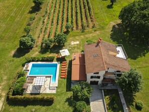 An aerial view of a property with a swimming pool, a garden, and a vineyard. - Villa Emanuela by Interhome (Pićan)