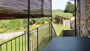 A balcony with a table and chairs, overlooking a vineyard and a road. - Il Podere del Lago (BOL253) by Interhome (Lago di Bolsena)