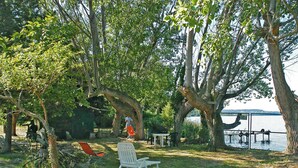 Un espace extérieur aménagé avec des chaises et une table, entouré d’arbres et bordé par un plan d’eau.
