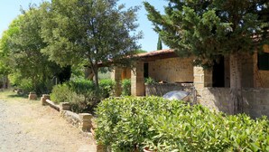 Un edificio rústico de piedra con tejado de tejas, rodeado de exuberante vegetación y árboles.