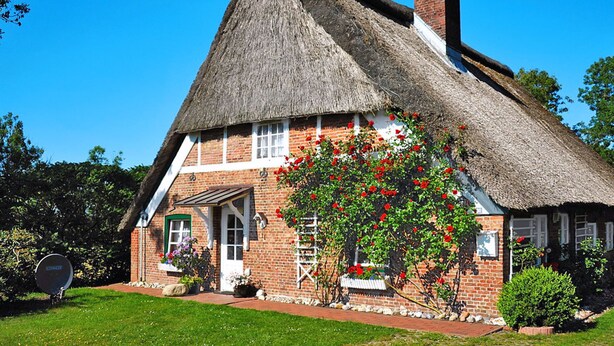 A traditional thatched-roof house with a brick exterior, a front door, and a small garden with flowering plants.