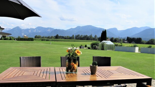 A patio with a table and chairs, a potted plant, and a greenhouse. - Wiegele by Interhome (Velden am Wörthersee)