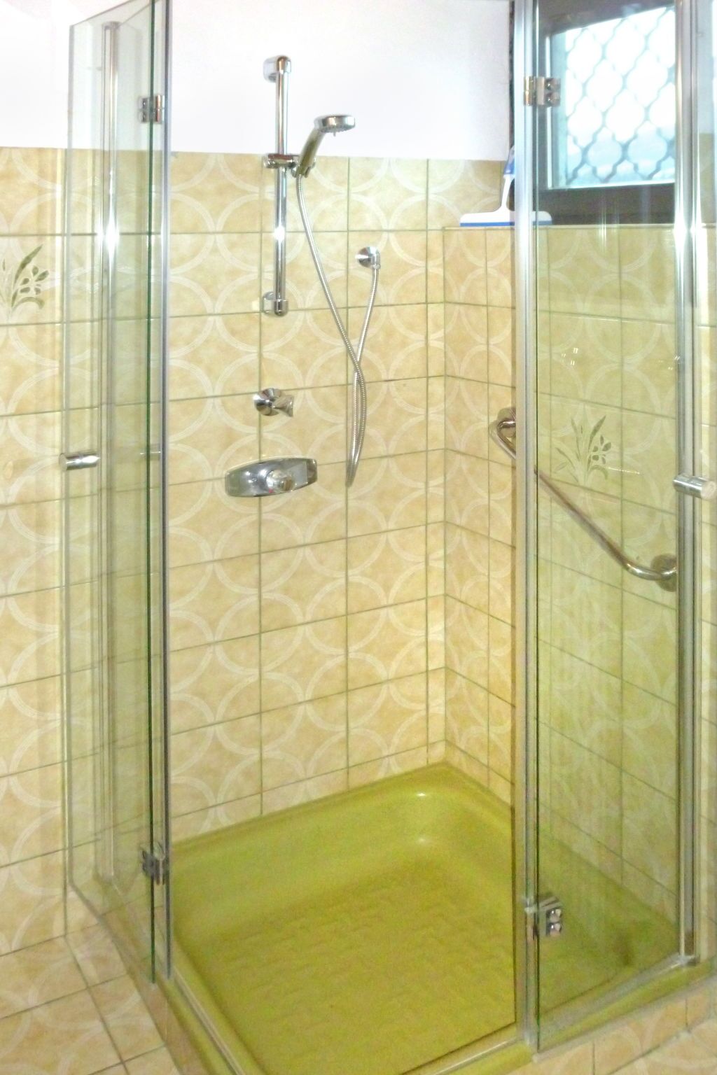 Een douchekabinet met glas, een groene vloer, betegelde wanden en een mozaïekpatroon.