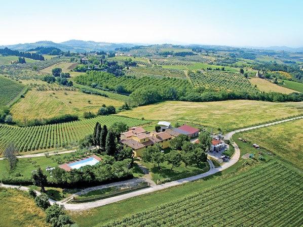An aerial view of a vineyard with terraced fields, a central building with a red roof, and a swimming pool.
