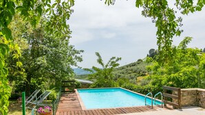 Ein rechteckiger Pool mit Holzterrasse und Metallgeländern, umgeben von üppiger Vegetation und einer Steinmauer.