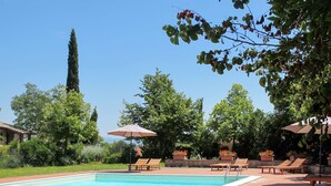 Une piscine entourée d’arbres et bordée d’une allée en briques, avec des chaises longues et des parasols.