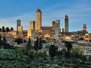 A historic town with medieval architecture, including towers and fortified walls.