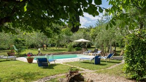 Un patio trasero con piscina, sillas de descanso y zona de barbacoa.