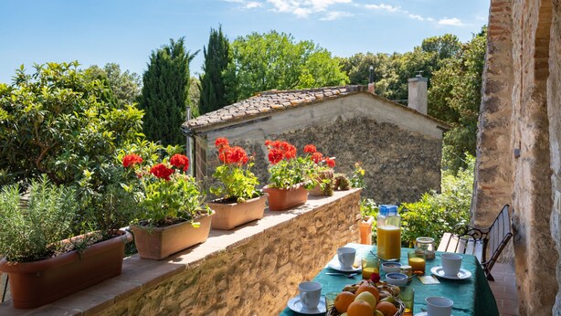 Una terraza con plantas en macetas, una mesa preparada para el desayuno y un edificio de piedra al fondo.