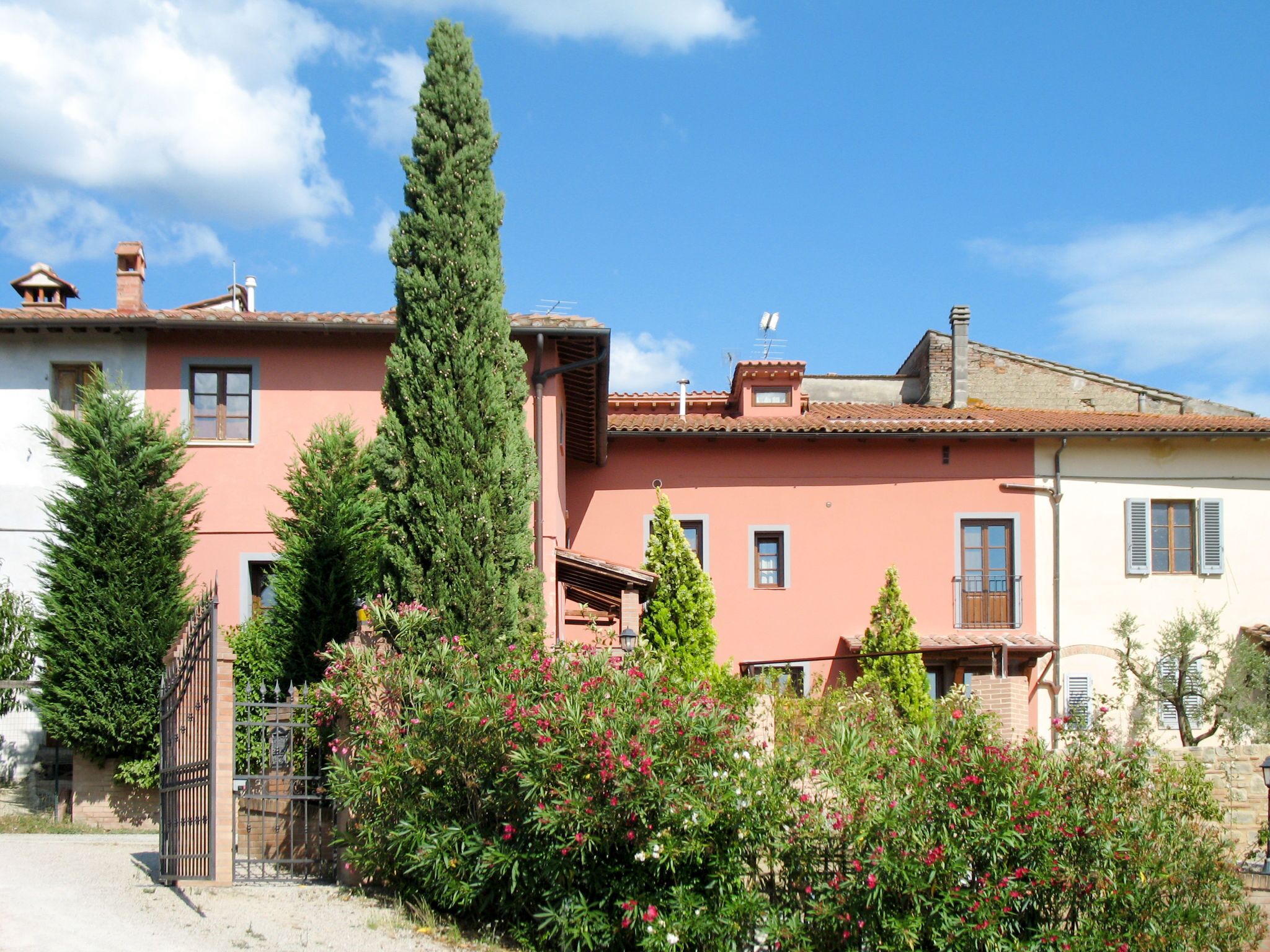 A row of terracotta-roofed houses with a central tall tree and flowering bushes.