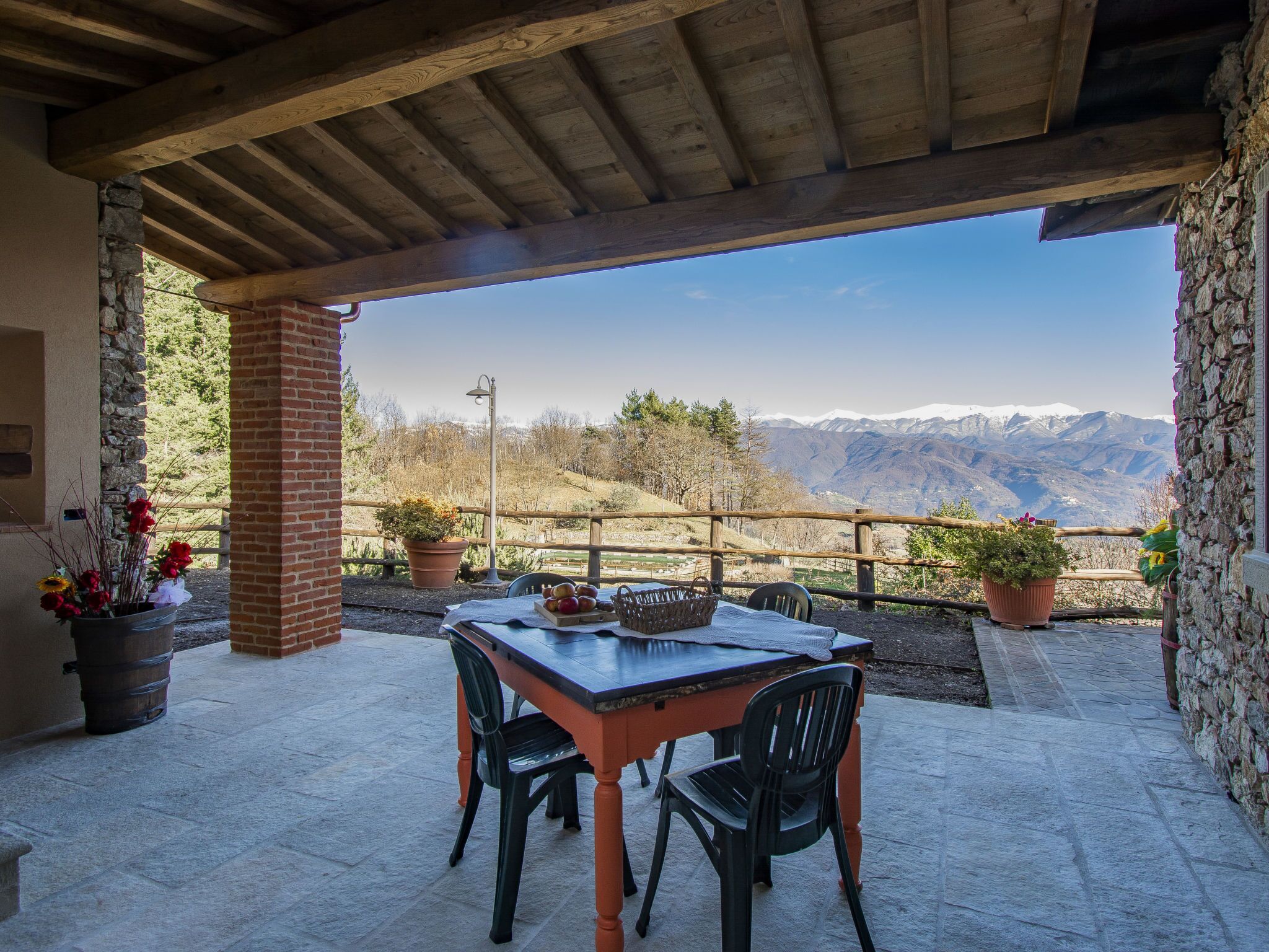 A covered outdoor patio with a table and chairs, potted plants, and a view of snow-capped mountains.