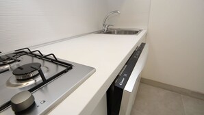 Ett modernt kök med en gasspis, en diskmaskin och en diskho i rostfritt stål.