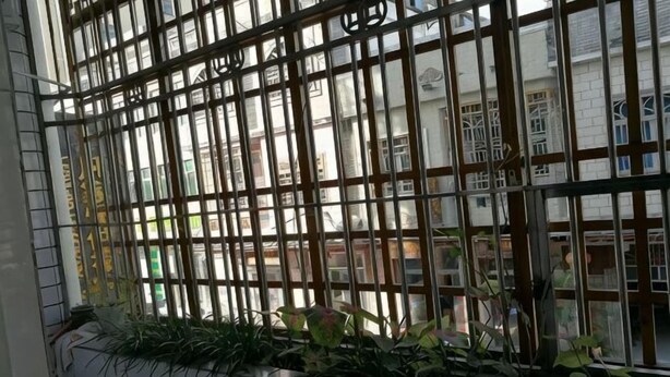 Una ventana con barrotes de metal y una jardinera en la parte inferior.