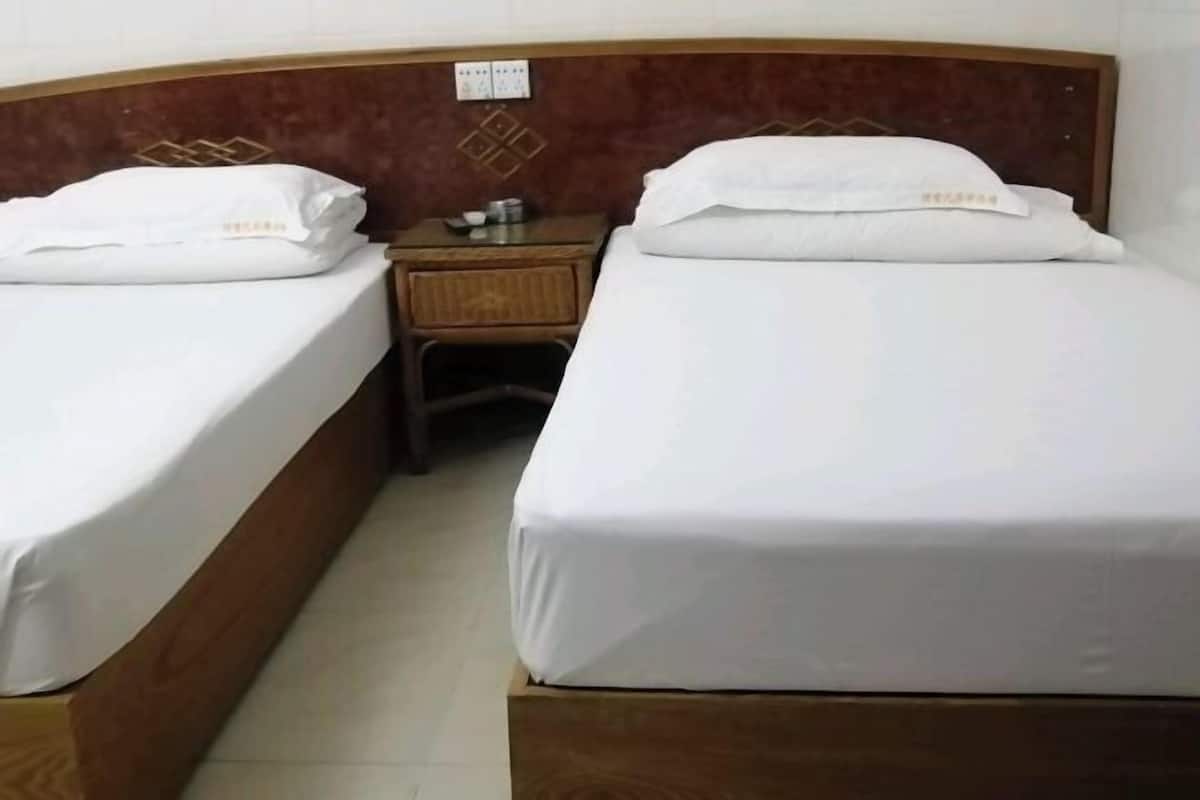 A hotel room with two single beds, wooden headboards, a small bedside table with a lamp, and a wall-mounted power outlet.
