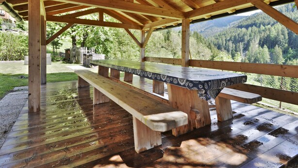 Ein Holztisch mit Bänken unter einem Vordach mit Blick auf einen bewaldeten Gebirgszug.