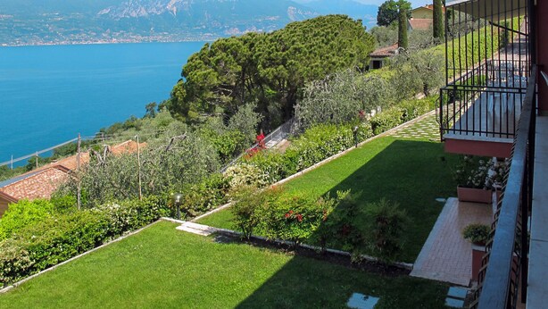 Un balcon offrant une vue sur un paysage côtier, comprenant une zone herbeuse et un grand arbre.