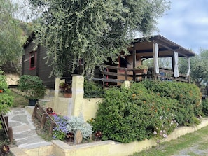 A rustic wooden house with a covered porch, stone steps, and a variety of flowering plants.
