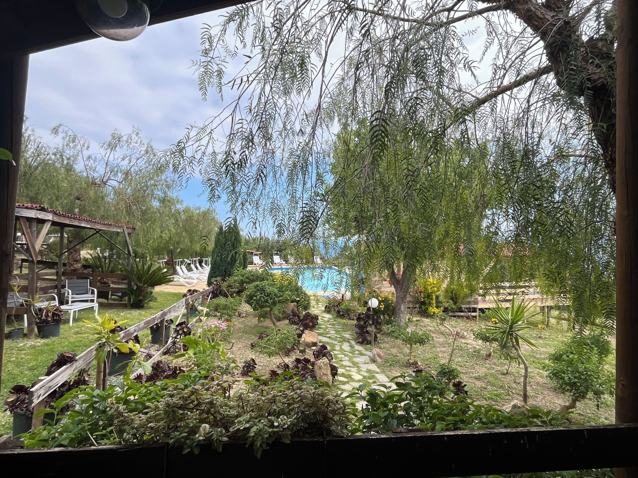 Un jardín con piscina, pérgolas de madera y diversas plantas.