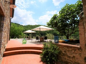 Un patio al aire libre con mesa y sillas bajo un toldo, rodeado de follaje y un muro de ladrillo.