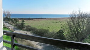 Un balcó amb vista a un paisatge costaner, incloent un camí i camps de gespa.