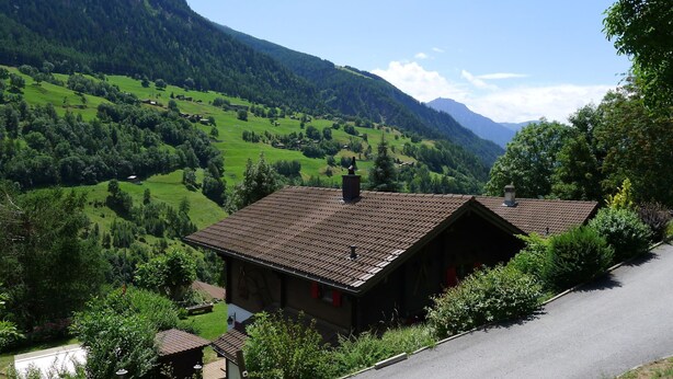 Een landhuis met pannendak, omringd door weelderige groene velden en bergen op de achtergrond.