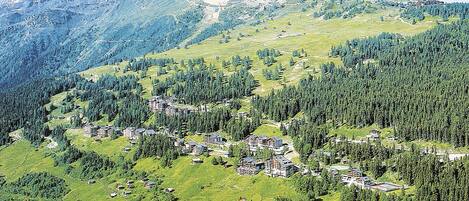 A mountainous area with a cluster of buildings, likely a resort or lodge, surrounded by dense forests and snow-capped peaks in the background.