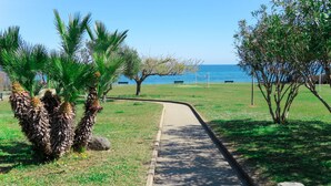 A paved pathway leading to a beach, with palm trees and rocks on either side. - Villa Marie-Jo by Interhome (Prunete)