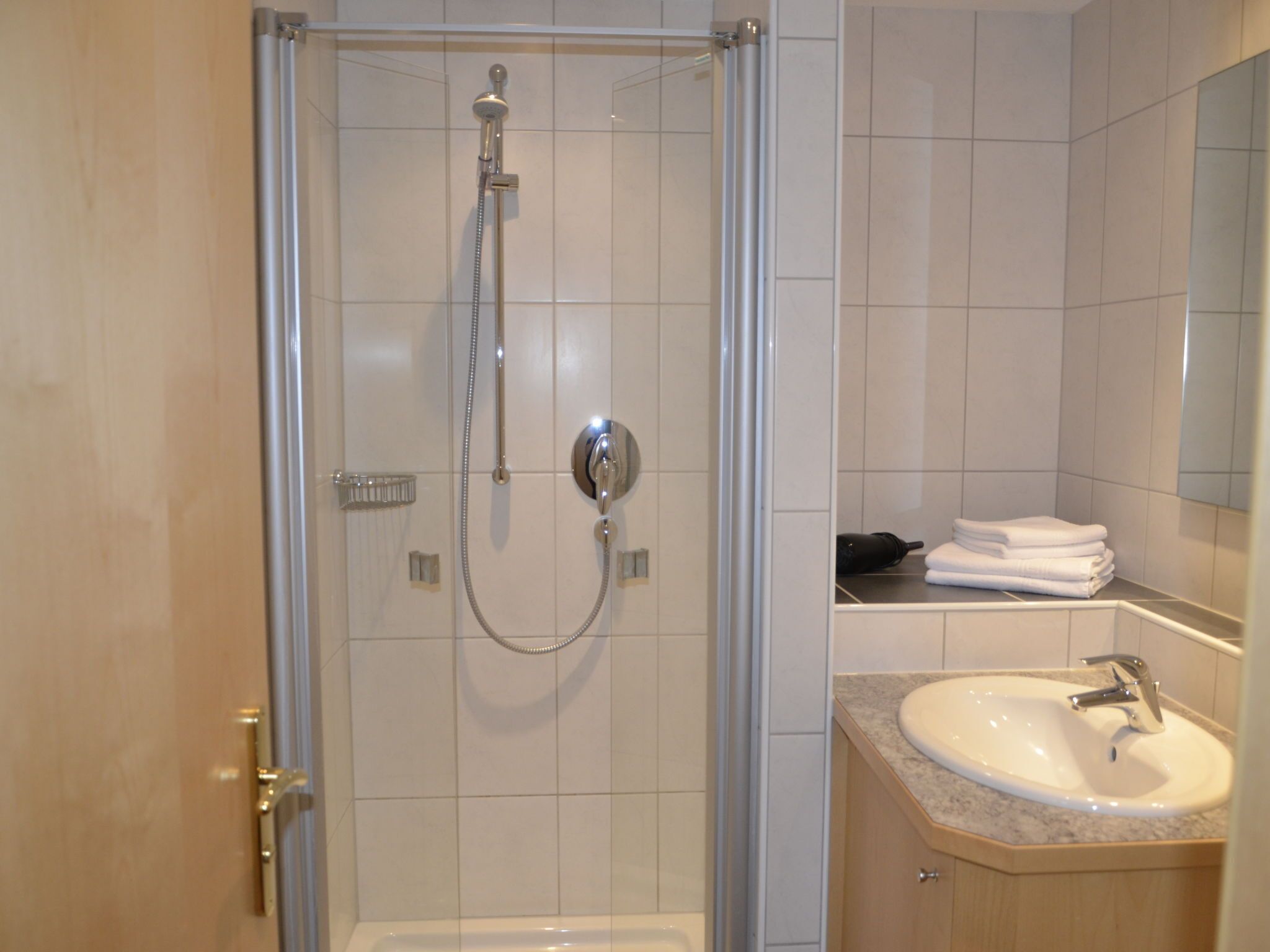 A bathroom with a glass-enclosed shower, a sink, and a mirror.