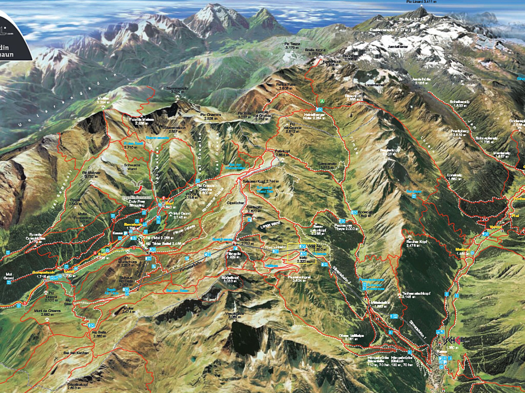 Una mappa topografica dettagliata di una regione montuosa con sentieri escursionistici segnalati, punti di elevazione e diverse cime.