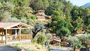 A hillside property with multiple wooden cabins, each featuring a balcony and a tiled roof.