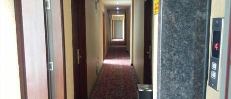 A hotel corridor with a carpeted floor, doors on the left, and an elevator on the right.