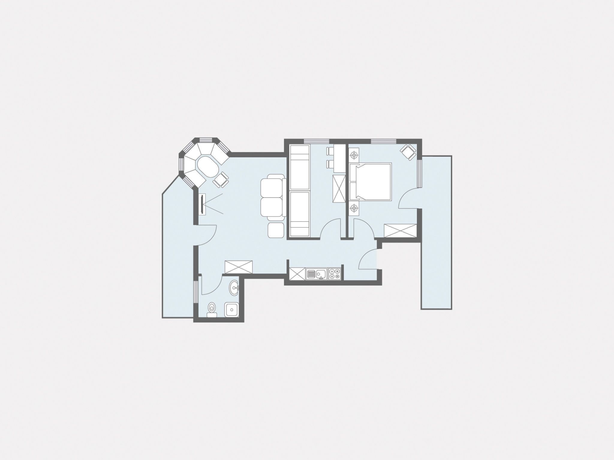 A floor plan with a living area, kitchen, dining area, and two bedrooms.