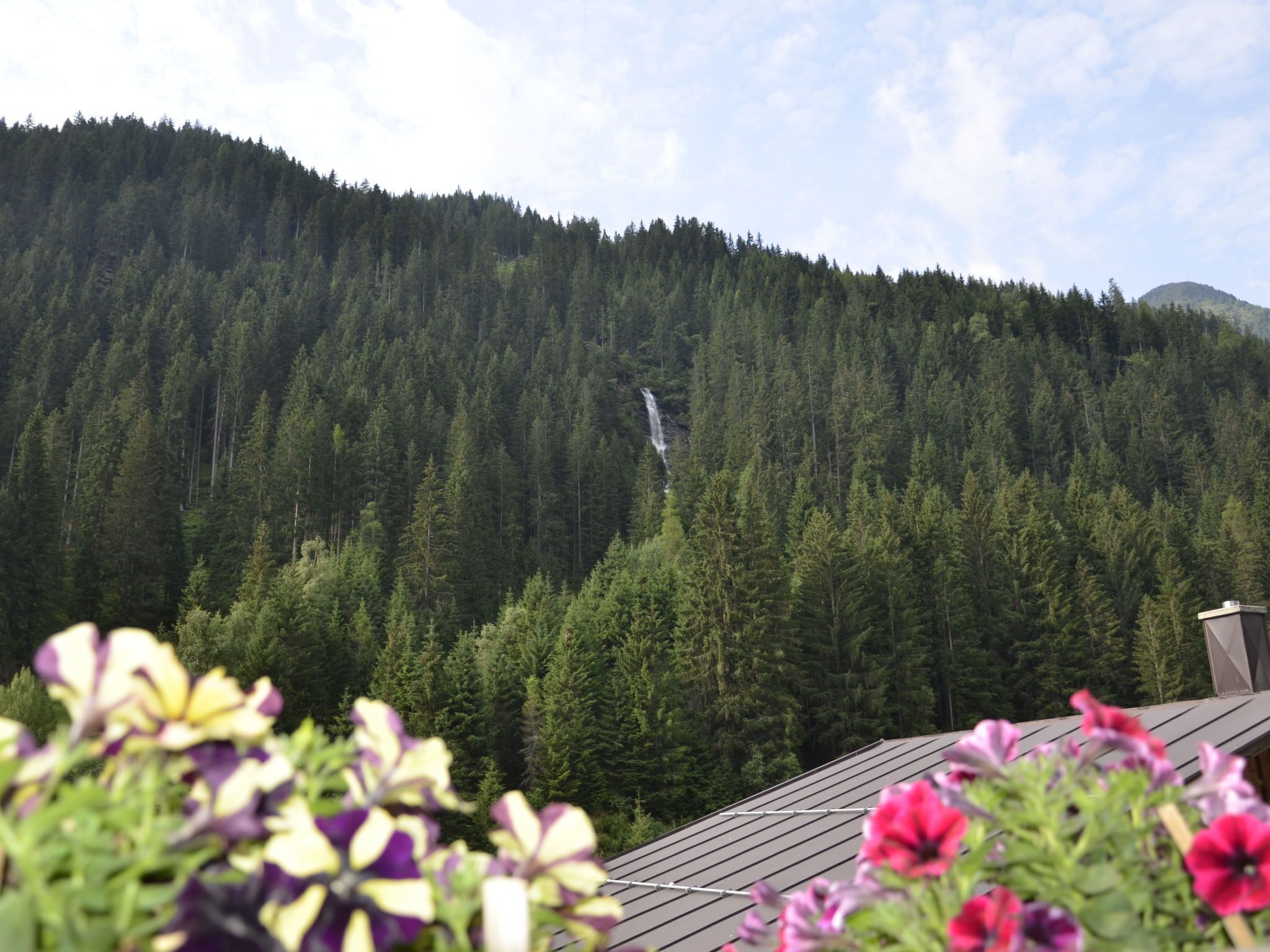 A view of a forested mountain with a waterfall.