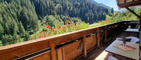 A wooden deck with a view of a forested mountain range.
