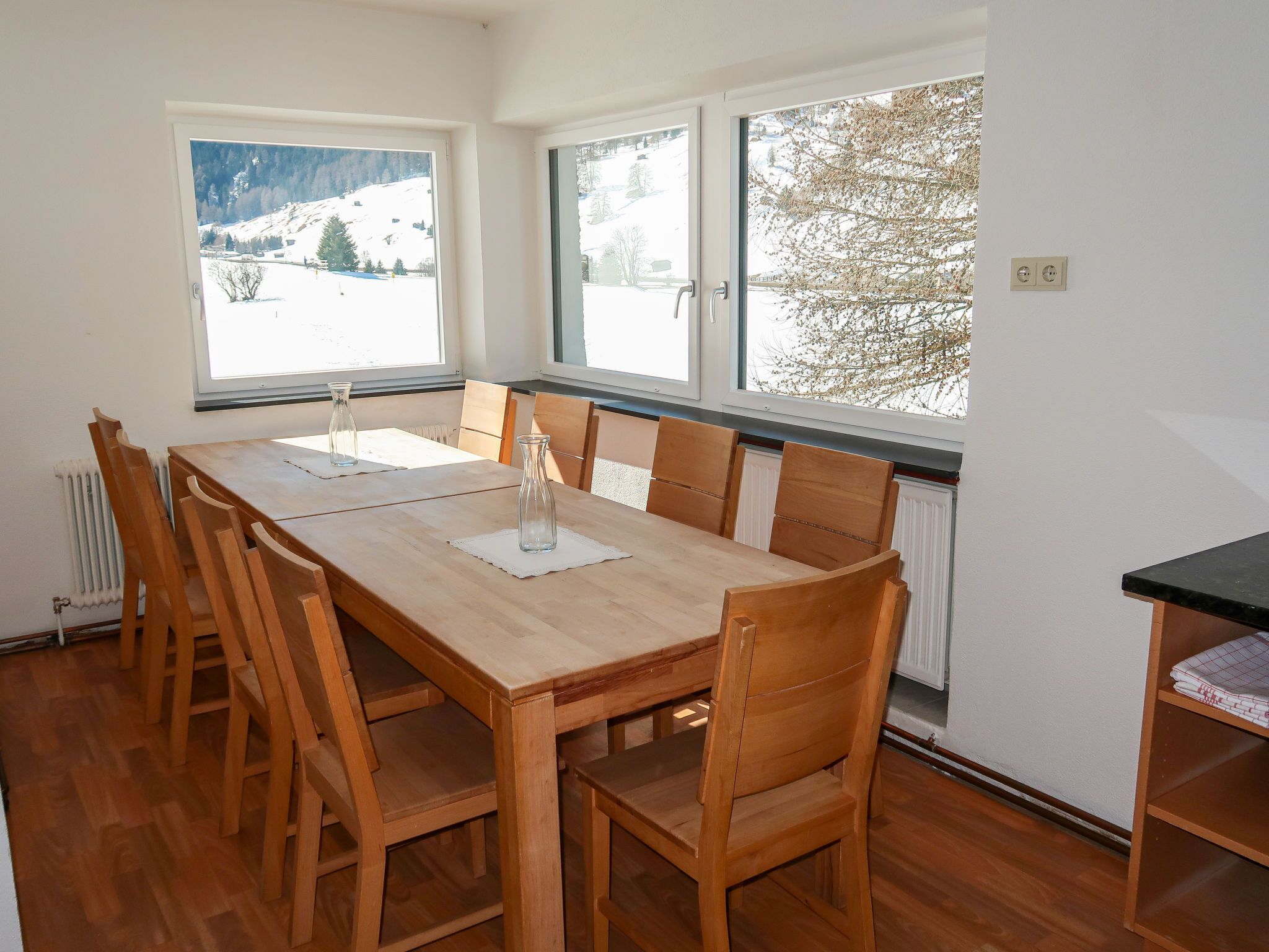 A dining area with a wooden table and chairs, large windows with a snowy mountain view, and a radiator on the wall.