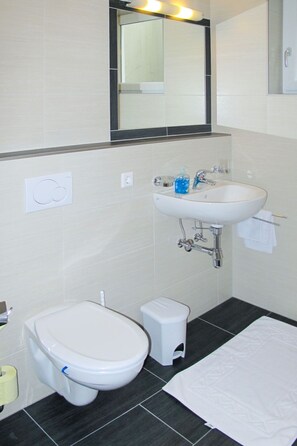 A bathroom with a toilet, sink, and mirror.