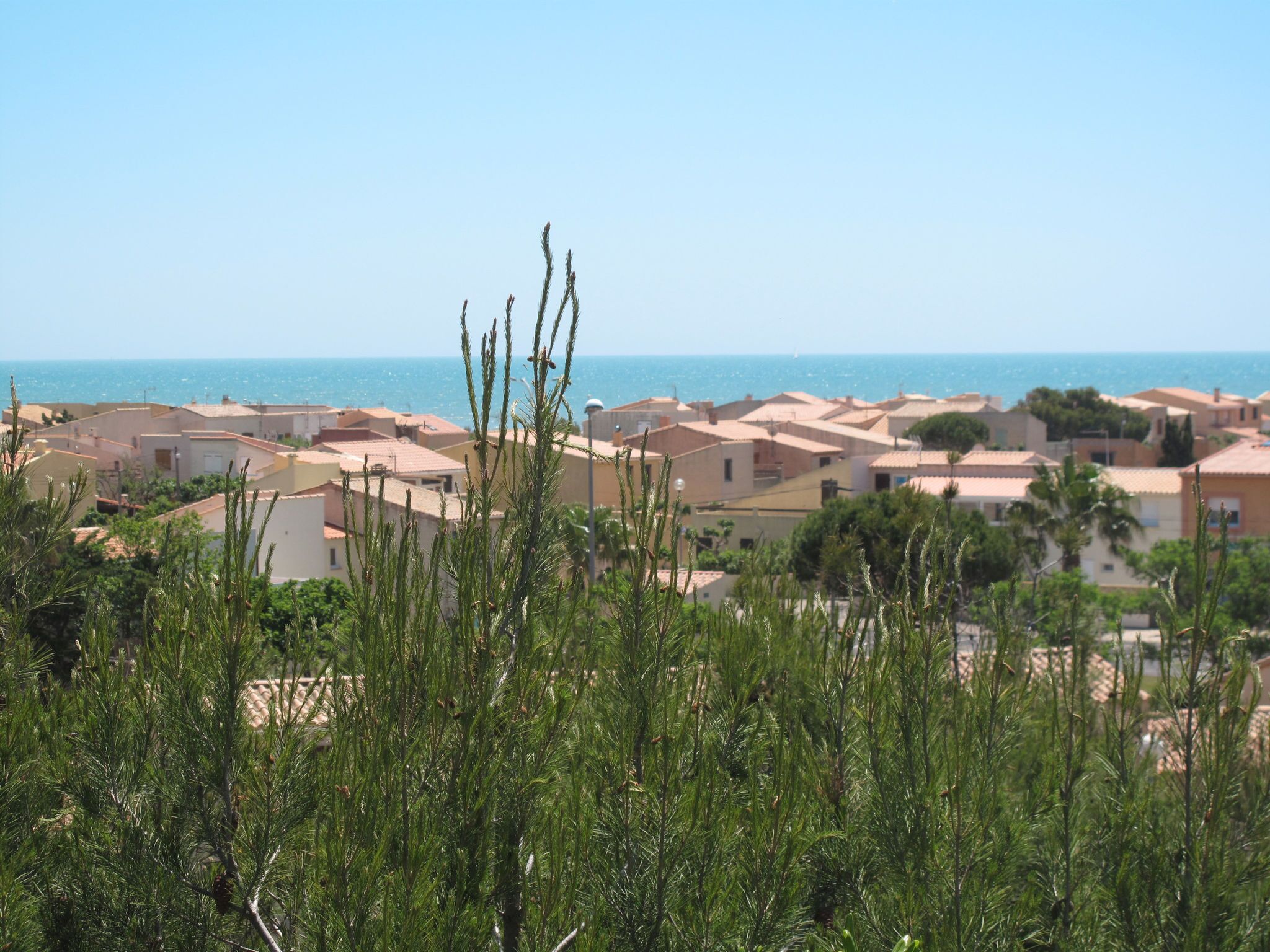 A coastal town with buildings and a clear view of the sea.