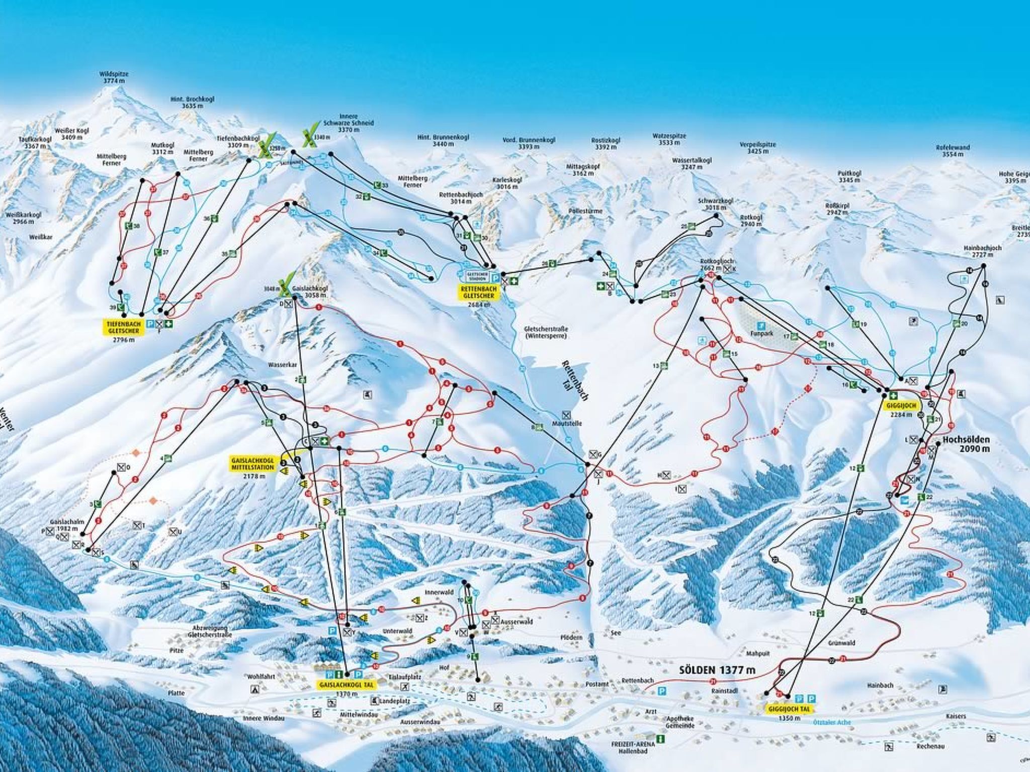 A detailed ski resort map with marked ski trails, lifts, and mountain peaks.