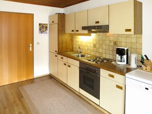 Fridge, oven, dishwasher, cookware/dishes/utensils
