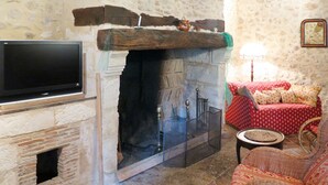 Una sala de estar acogedora con chimenea de piedra, televisor de pantalla plana en la pared, mobiliario de mimbre y un sofá rojo con estampado.
