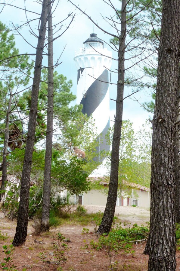 Un faro rodeado de árboles.
